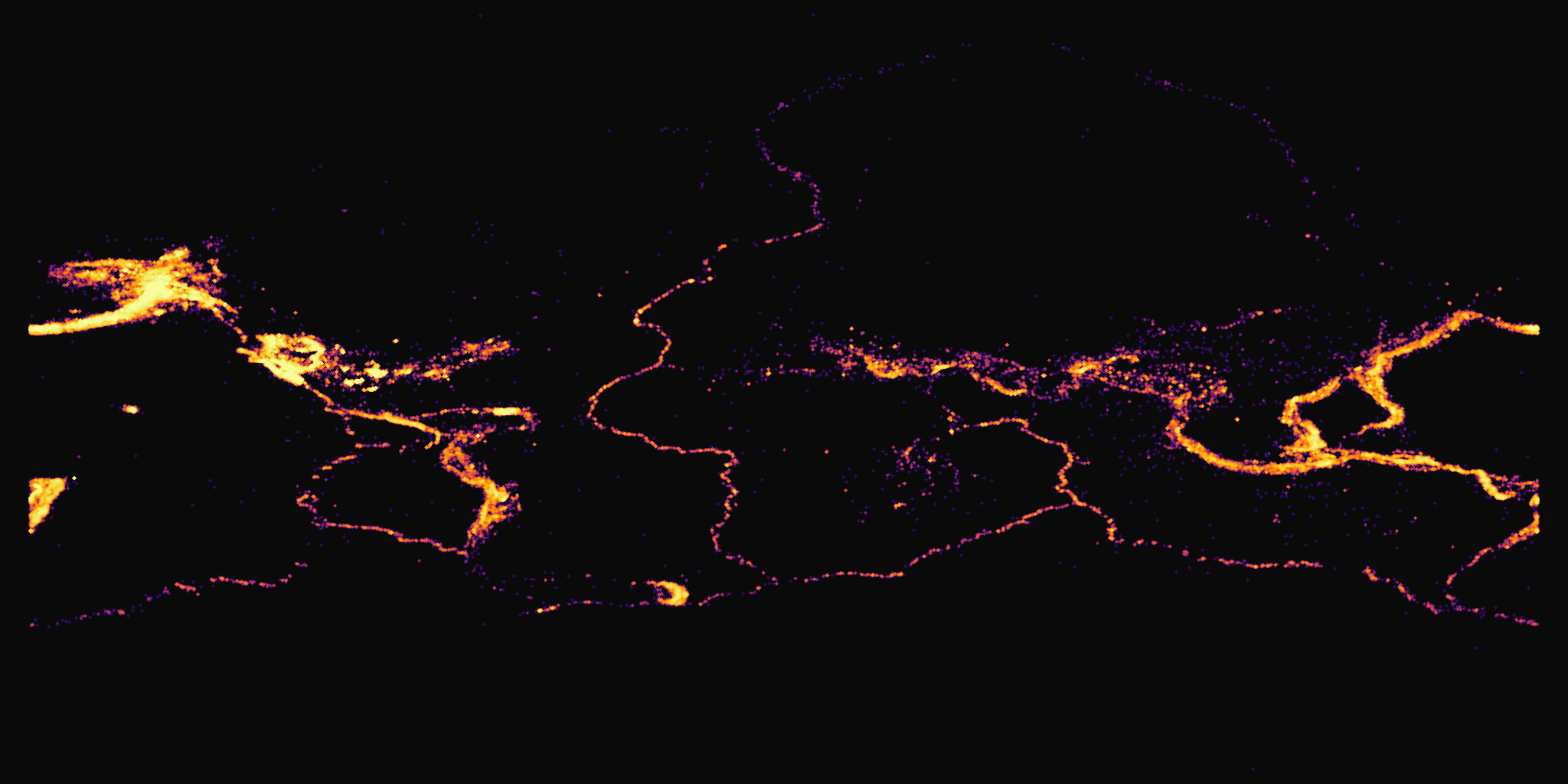 Global earthquake density rendered by DataRaster, 782K events