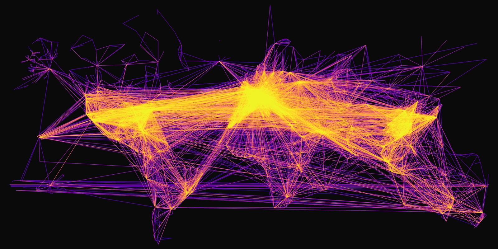Flight-path density rendered by DataRaster, 67K great-circle segments