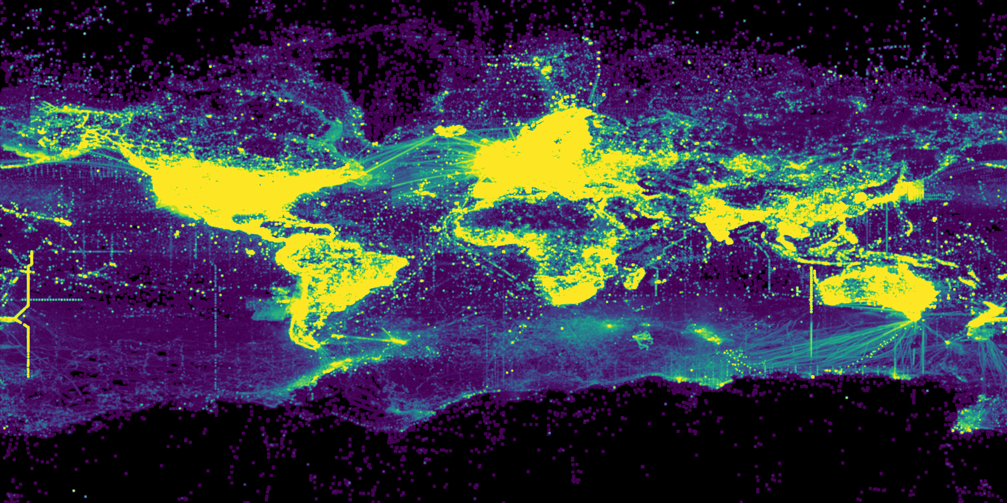 Global biodiversity density rendered by DataRaster, 3.62 billion GBIF records